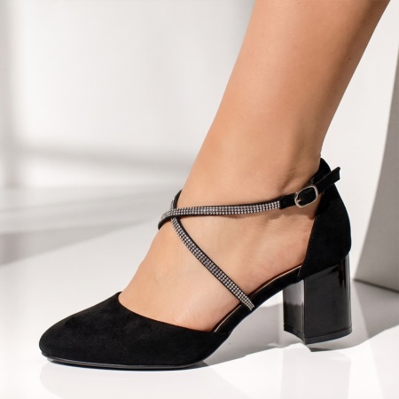 Pantofi dama cu toc gros si barete negru suede LIA100, 2, modlet.ro
