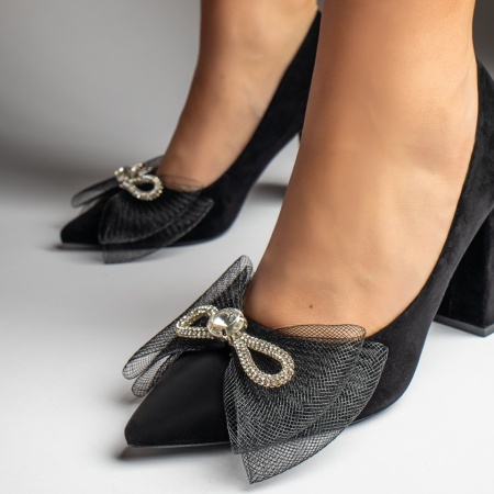 Pantofi dama cu toc gros si fundita negru suede MOD10991, 2, modlet.ro