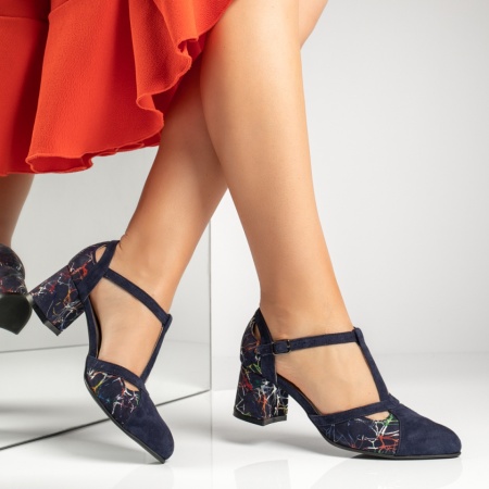 Pantofi dama cu toc gros si imprimeu albastru suede din Piele naturala MOD13600, 4, modlet.ro