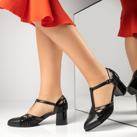 Pantofi dama cu toc gros si imprimeu negri din Piele naturala MOD13600, 2, modlet.ro