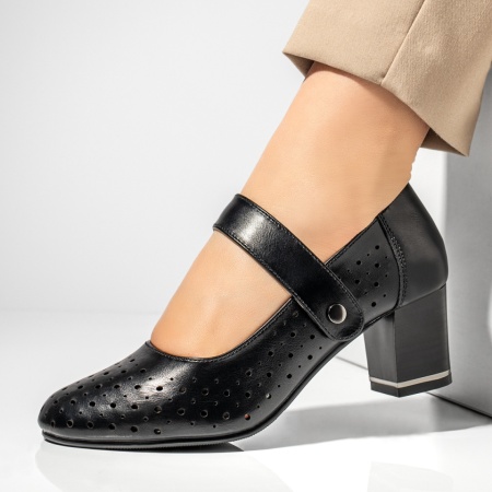 Pantofi dama cu toc gros si perforatii negri ANA74, 2, modlet.ro