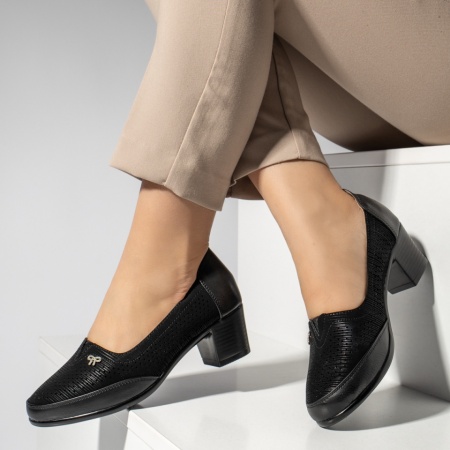 Pantofi dama cu toc gros si perforatii negri MOD14225, 2, modlet.ro