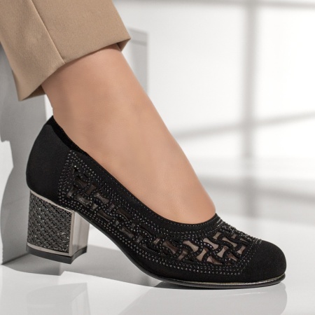 Pantofi dama cu toc gros si pietre aplicate negri MOD13011, 4, modlet.ro