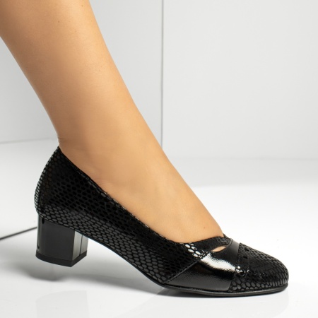 Pantofi dama cu toc gros si print negru lucios din Piele naturala MOD13957, 4, modlet.ro