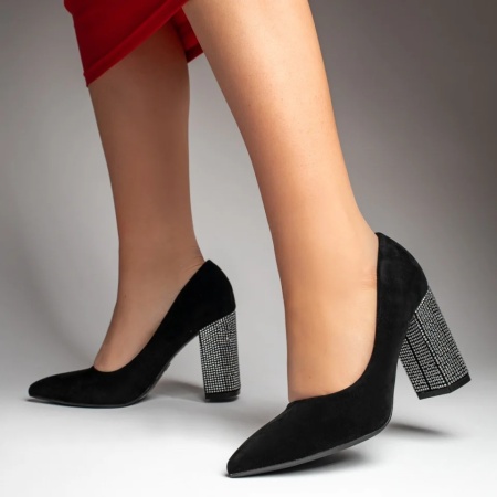 Pantofi dama cu toc gros si strasuri aplicate negru suede LIA36, 3, modlet.ro
