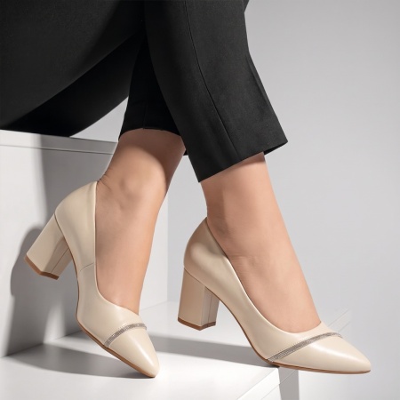 Pantofi dama cu toc gros si strasuri bej IRIS36, 2, modlet.ro