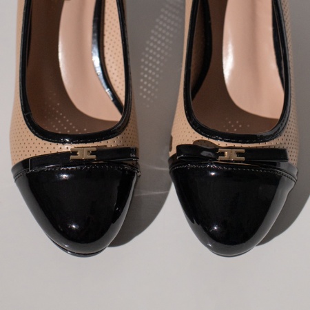 Pantofi dama cu toc gros si varf lacuit negru cu bej MOD12119, 4, modlet.ro