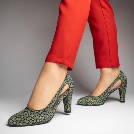 Pantofi dama, Pantofi dama cu toc gros verde cu imprimeu din Piele naturala MOD13129, modlet.ro