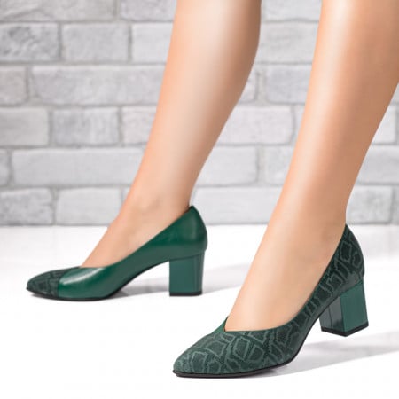 Pantofi cu toc gros dama, Pantofi dama cu toc gros verzi din Piele naturala ZEF033890 - zeforia.ro