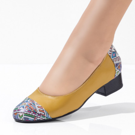 Pantofi cu toc mic dama, Pantofi dama cu toc mic din Piele naturala galben cu print ZEF07973 - zeforia.ro