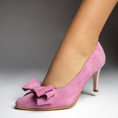 Pantofi Stiletto, Pantofi dama cu toc si fundita roz suede din Piele naturala MOD12932, modlet.ro