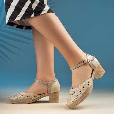 Pantofi cu toc gros dama, Pantofi dama cu toc si perforatii bej MOD13342, modlet.ro