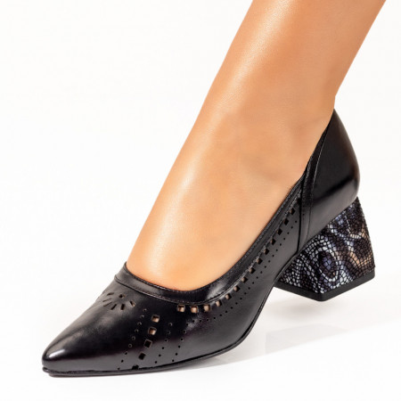 Pantofi dama, Pantofi dama cu toc si perforatii negri din Piele naturala MOD10240, modlet.ro