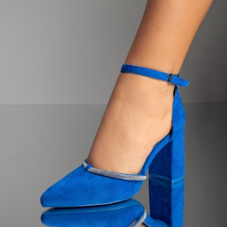Pantofi cu toc gros dama, Pantofi dama cu toc si pietre aplicate albastri suede ZEF09809 - zeforia.ro