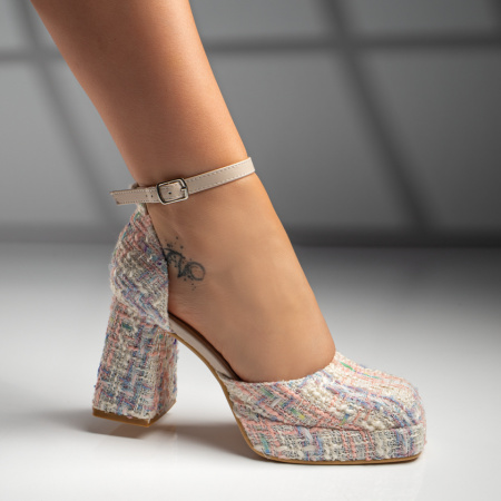 Plateste Jumatate!, Pantofi dama cu toc si platforma din material textil bej MOD09806, modlet.ro