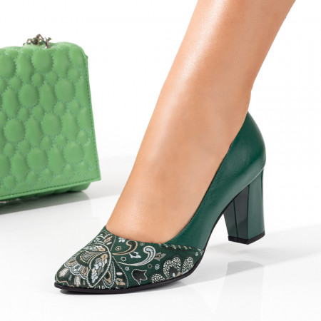 Reduceri incaltaminte dama, Pantofi dama cu toc si print verzi din Piele naturala ZEF01491 - zeforia.ro