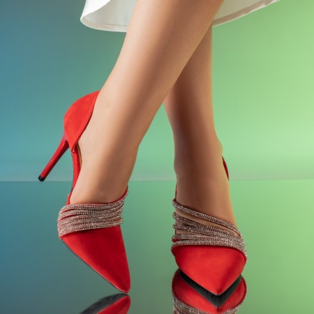 Pantofi dama cu toc subtire rosu suede MOD13911, 4, modlet.ro