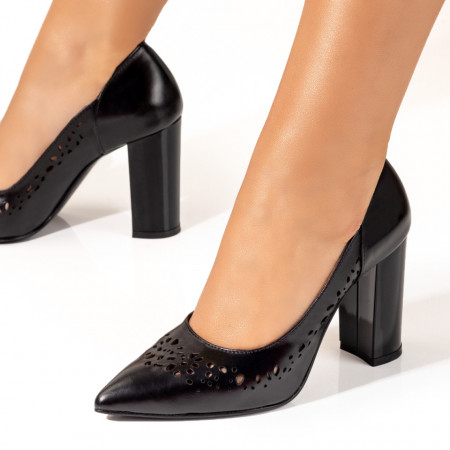 Pantofi dama, Pantofi dama perforati cu toc gros negri din Piele naturala MOD10231, modlet.ro