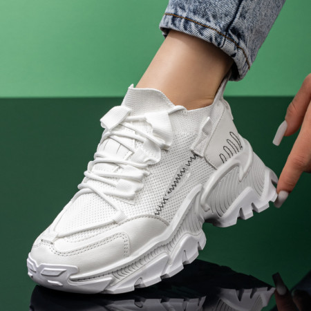 Adidasi dama, Pantofi dama sport cu talpa groasa albi MOD08100, modlet.ro