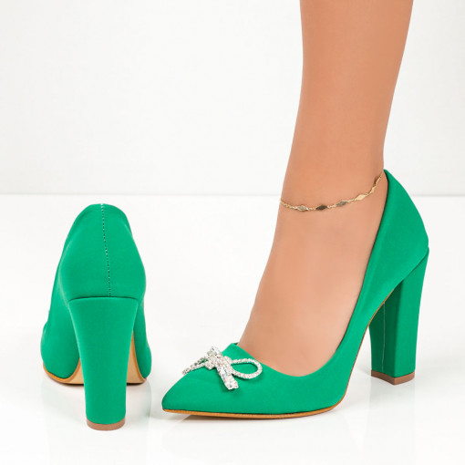 Pantofi cu toc, Pantofi dama verzi cu toc gros si accesoriu ZEF05570 - zeforia.ro