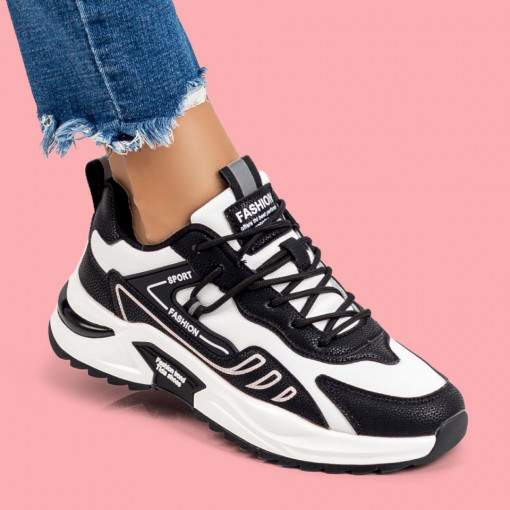 Plateste Jumatate!, Pantofi sport dama alb cu negru si talpa groasa MOD07065, modlet.ro