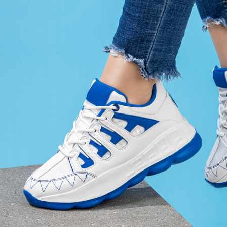 Plateste Jumatate!, Pantofi sport dama albi cu albastru cu siret si talpa groasa MOD08195, modlet.ro