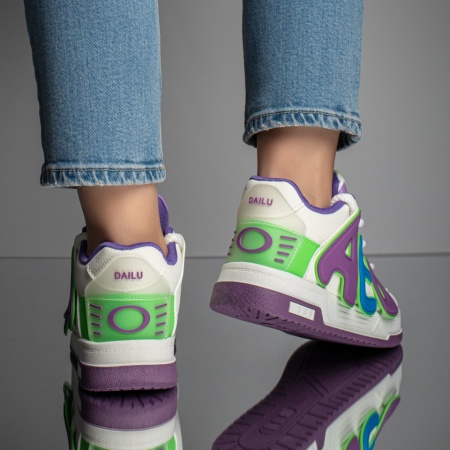 Pantofi sport dama albi cu mov si verde MOD11666, 4, modlet.ro