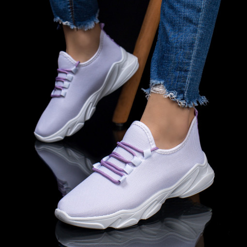 Pantofi sport dama albi cu sireturi mov din material textil MDL03974