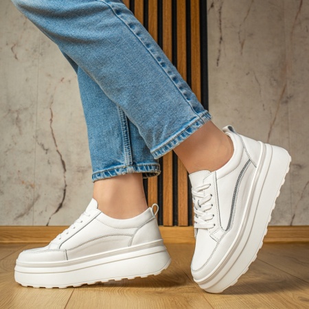 Adidasi dama, Pantofi sport dama albi din Piele naturala MOD12973, modlet.ro