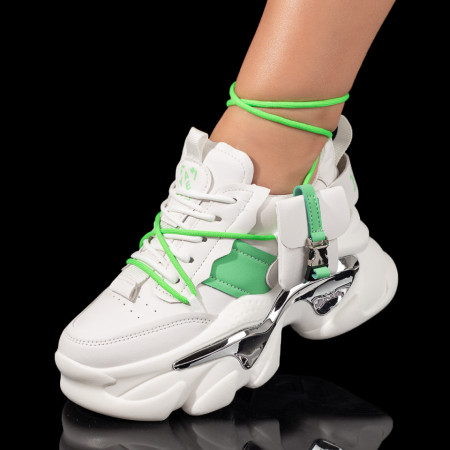 Plateste Jumatate!, Pantofi sport dama cu accesoriu detasabil albi cu verde MOD09902, modlet.ro