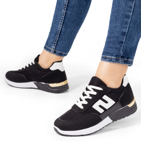 Plateste Jumatate!, Pantofi sport dama cu siret negri cu alb MOD09723, modlet.ro