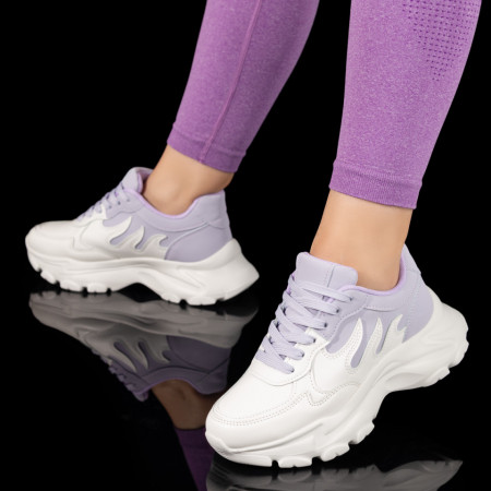 Adidasi dama, Pantofi sport dama cu siret si talpa groasa albi cu mov MOD10026, modlet.ro