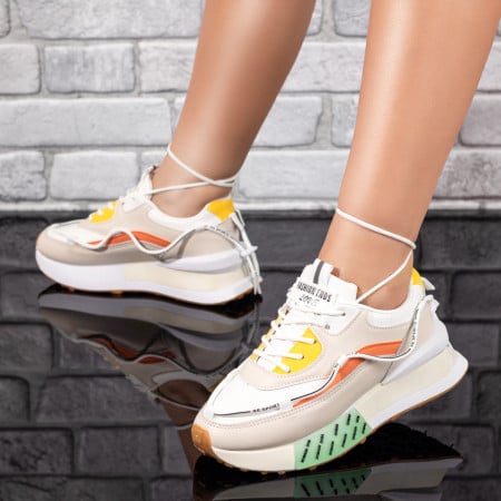 Adidasi dama, Pantofi sport dama cu siret si talpa groasa bej MOD09912, modlet.ro