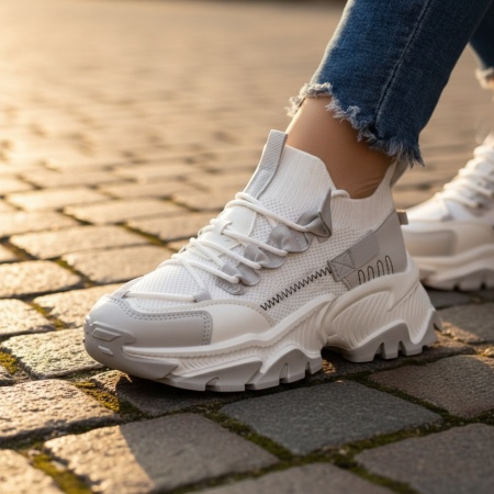 Pantofi sport dama cu talpa groasa albi cu gri MOD09199, 1, modlet.ro
