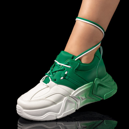 Plateste Jumatate!, Pantofi sport dama cu talpa groasa albi cu verde MOD09707, modlet.ro