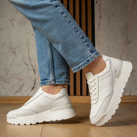 Adidasi dama, Pantofi sport dama cu talpa groasa albi din Piele naturala MOD12975, modlet.ro