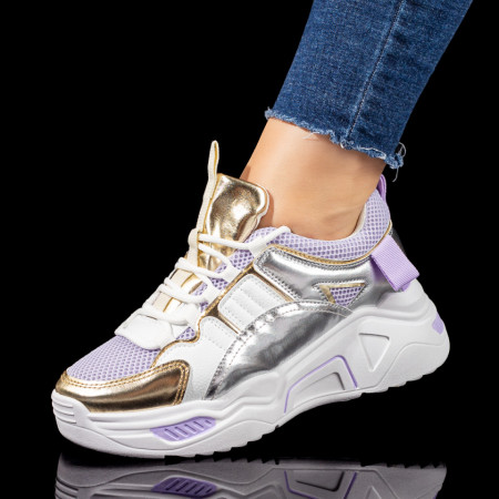 Adidasi dama, Pantofi sport dama cu talpa groasa mov cu alb si argntiu MOD10426, modlet.ro