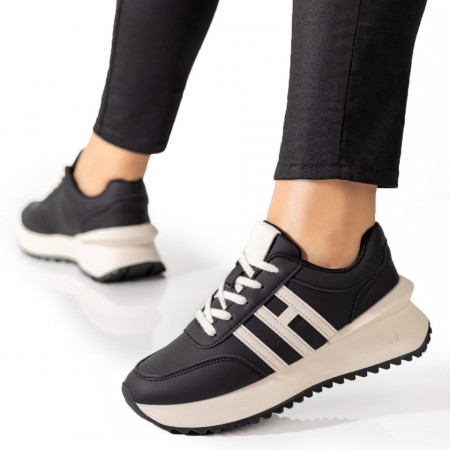 Pantofi sport dama cu talpa groasa negri cu bej MOD09694, 3, modlet.ro