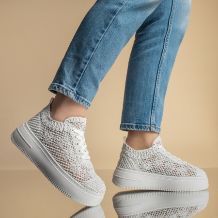 Pantofi sport dama cu talpa groasa si perforatii albi MOD13087, 3, modlet.ro