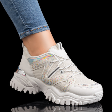 Adidasi dama, Pantofi sport dama cu talpa groasa si pietre aplicate albe MOD09259, modlet.ro