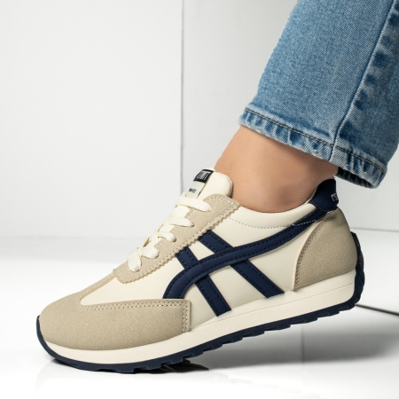 Adidasi dama, Pantofi sport dama cu talpa joasa bej cu albastru MOD13019, modlet.ro