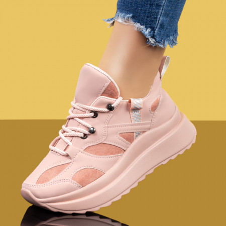 Plateste Jumatate!, Pantofi sport dama roz cu siret si talpa groasa MOD07898, modlet.ro