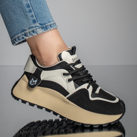 Adidasi dama, Pantofi sport negri cu siret si talpa groasa bej MOD11663, modlet.ro