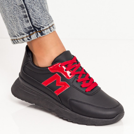 Plateste Jumatate!, Pantofi sport negru cu rosu dama cu siret si talpa groasa MOD06310, modlet.ro