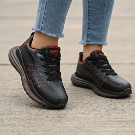 Pantofi sport negru cu rosu unisex cu siret MOD06743