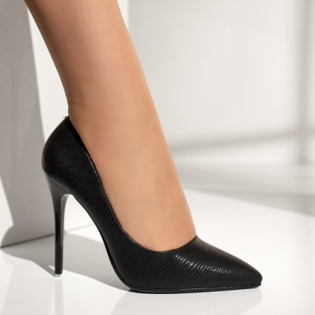 Pantofi Stiletto dama cu imprimeu negri MOD01507, 4, modlet.ro