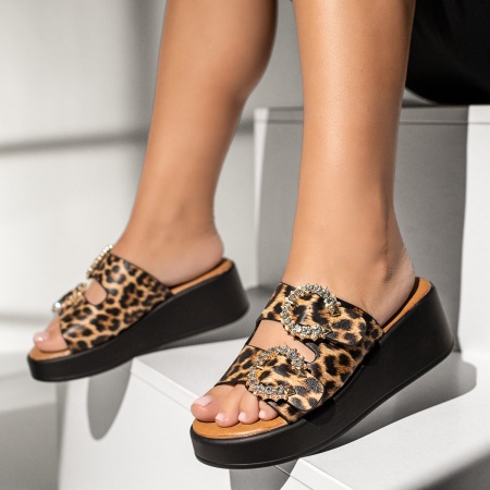 Papuci casual dama, Papuci casual cu platforma cu imprimeu negri MOD13832, modlet.ro