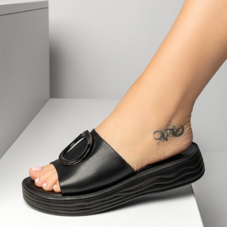 Papuci casual dama cu talpa joasa si accesoriu metalic negri MIA6, 3, modlet.ro