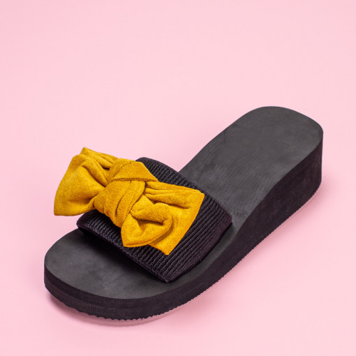 Papuci si slapi dama, Papuci dama cu platforma din textil cu funda galbena MOD05046, modlet.ro