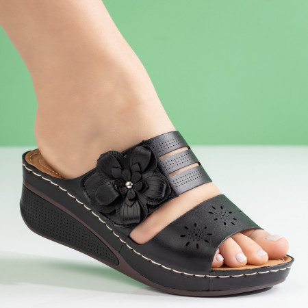 Papuci dama cu platforma si accesoriu floral negri MOD04064, 4, modlet.ro